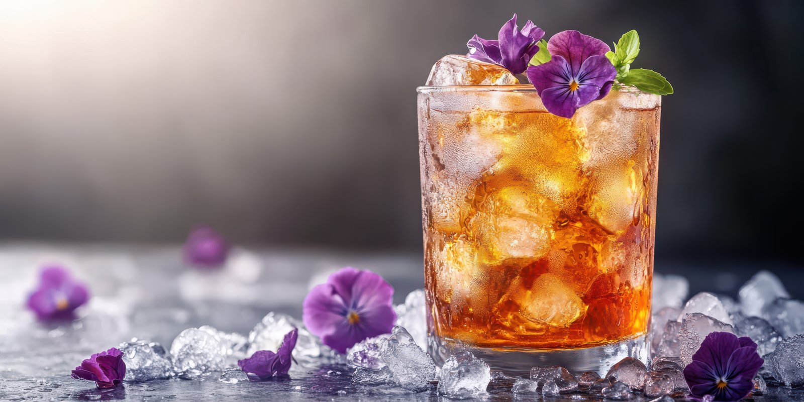Refreshing cocktail served in a glass with ice and garnished with edible flowers on a dark background